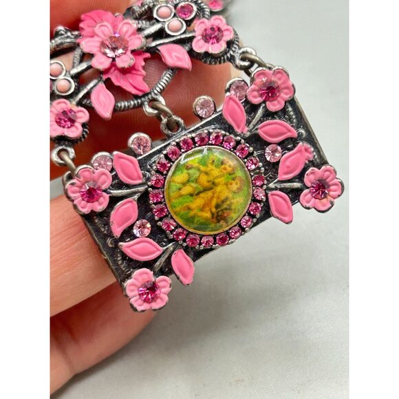 MX Signature Enamel Flowers Bracelet Pink Vintage Designer Signed 80s Jewelry - Picture 3 of 8